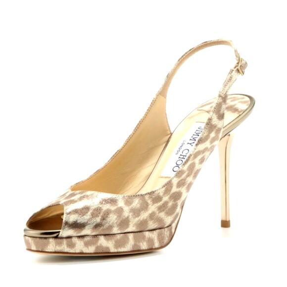 Jimmy Choo Nova Leopard Print Gold Shimmer Leather Slingback Pumps Size 38 - Picture 16 of 16